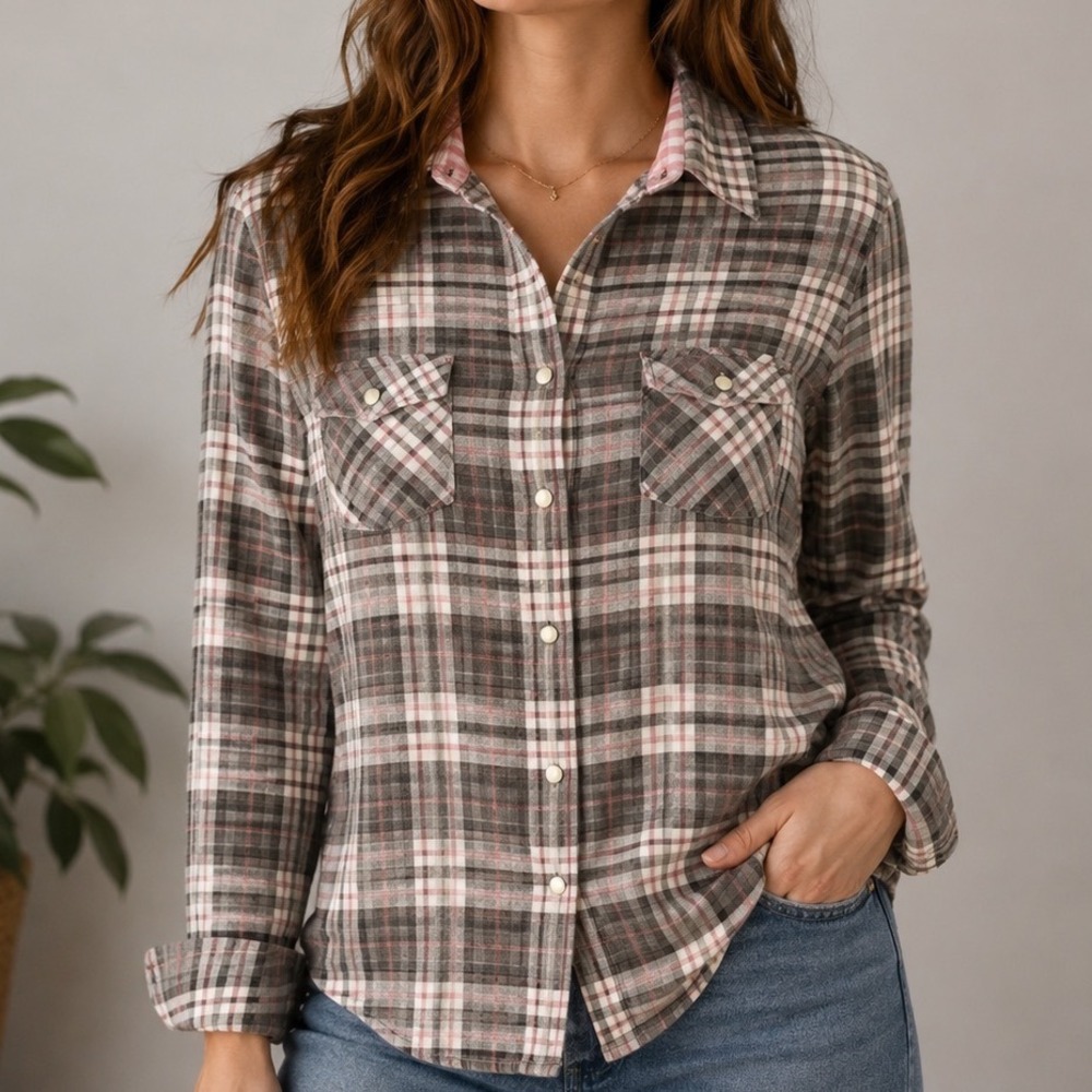 American Eagle Outfitters Plaid Flannel Shirt Size 8 Pink‎ Gray Western Grunge